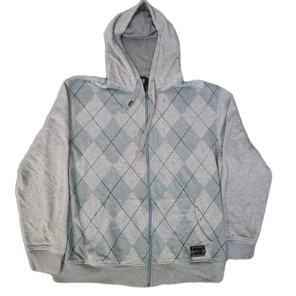Y2K Southpole Full Zip Gray Long Sleeve Hoodie Argyle Pattern Men's XXL 2000s